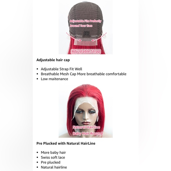 HUMAN HAIR Brazilian Burgundy Lace Frontal 13x4 Bob Wig PrePlucked Hairline 10” - Picture 9 of 12